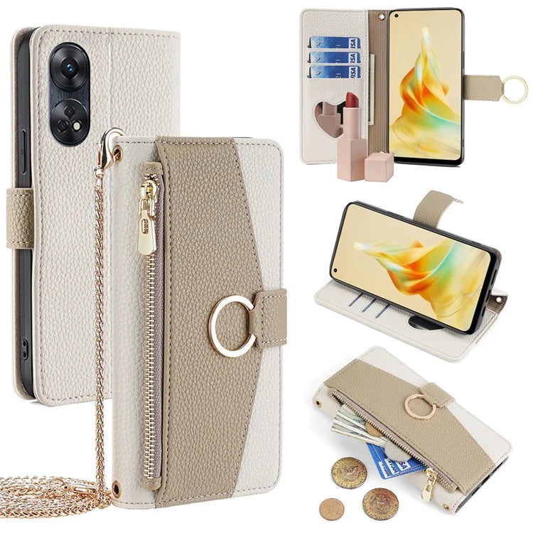 For Oppo Reno8 T 4G Case Leather Zipper Wallet Mirror Phone Cover with Shoulder Strap