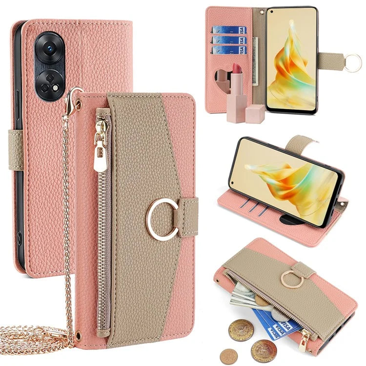 For Oppo Reno8 T 4G Case Leather Zipper Wallet Mirror Phone Cover with Shoulder Strap