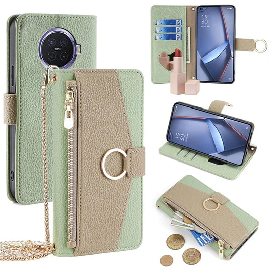 For Oppo Ace2 Case Leather Phone Cover Wallet Stand with Chain Strap and Makeup Mirror
