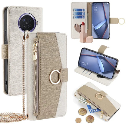 For Oppo Ace2 Case Leather Phone Cover Wallet Stand with Chain Strap and Makeup Mirror