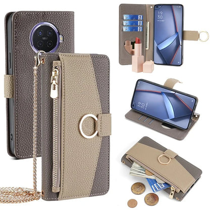 For Oppo Ace2 Case Leather Phone Cover Wallet Stand with Chain Strap and Makeup Mirror
