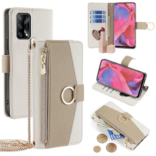 For Oppo F19  /  A74 4G Leather Case Zipper Wallet Phone Bag Cover with Chain Strap