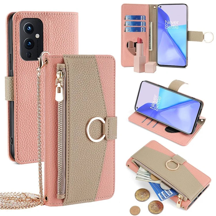 For OnePlus 9 (EU  /  US Version) Case with Strap Leather Phone Cover Zipper Wallet Card Bag