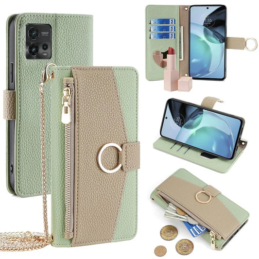 For Motorola Moto G72 4G Case Leather Phone Cover Stand Zipper Wallet Card Bag with Chain Strap