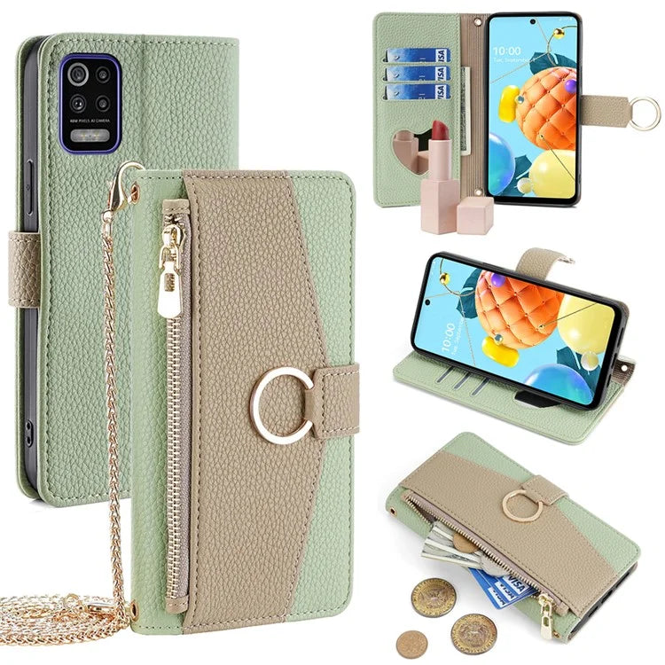 For LG K52 Case Zipper Wallet Multi-functional Phone Bag Stand Cover with Chain Strap