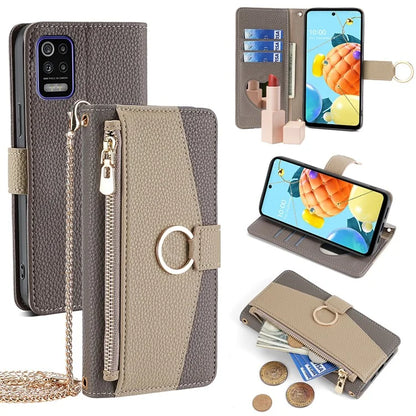 For LG K52 Case Zipper Wallet Multi-functional Phone Bag Stand Cover with Chain Strap