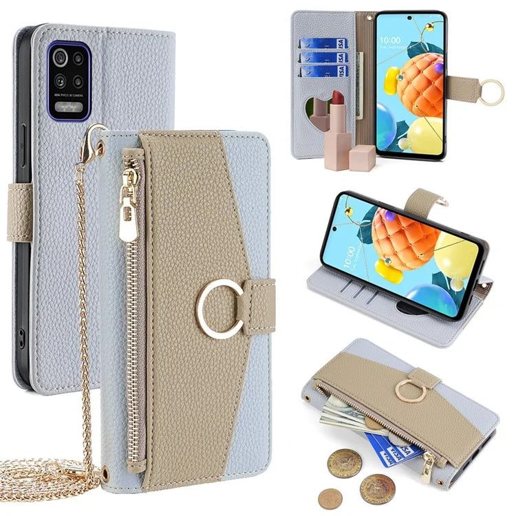 For LG K52 Case Zipper Wallet Multi-functional Phone Bag Stand Cover with Chain Strap