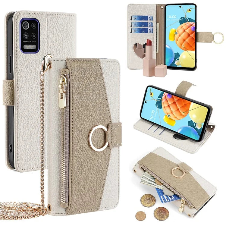 For LG K52 Case Zipper Wallet Multi-functional Phone Bag Stand Cover with Chain Strap