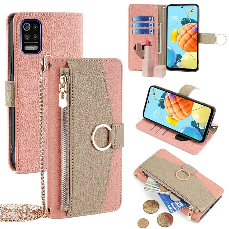 For LG K52 Case Zipper Wallet Multi-functional Phone Bag Stand Cover with Chain Strap