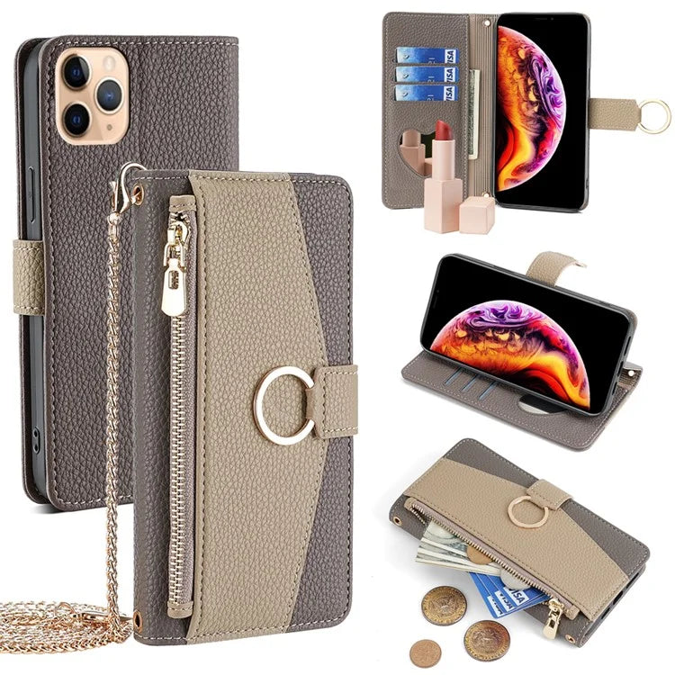 For iPhone 11 Pro Max Case PU Leather Phone Stand Cover Card Bag with Chain Strap
