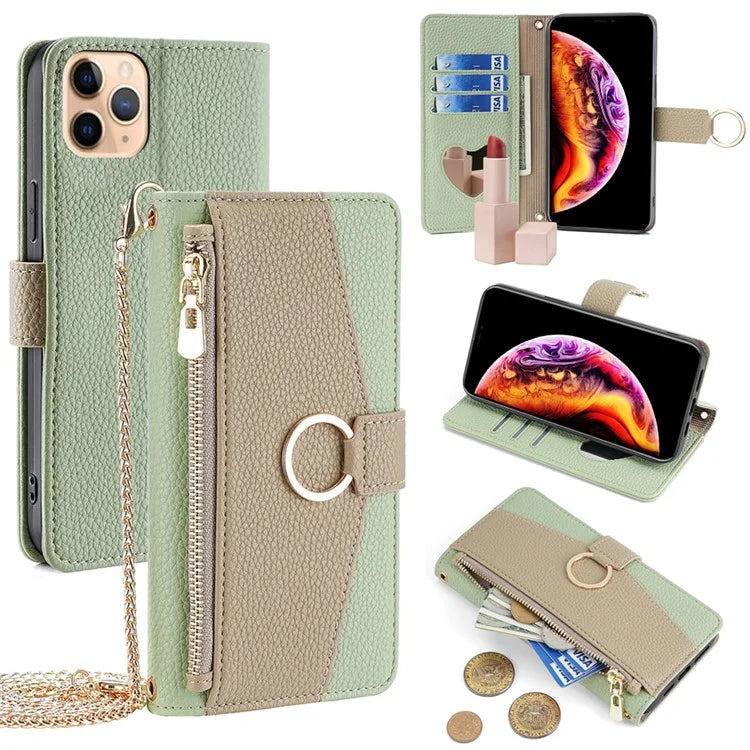 For iPhone 11 Pro Max Case PU Leather Phone Stand Cover Card Bag with Chain Strap