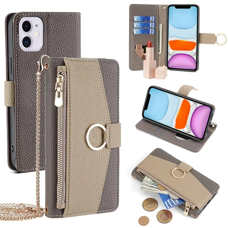For iPhone 11 Wallet Case PU Leather Phone Cover Card Bag Stand with Shoulder Strap