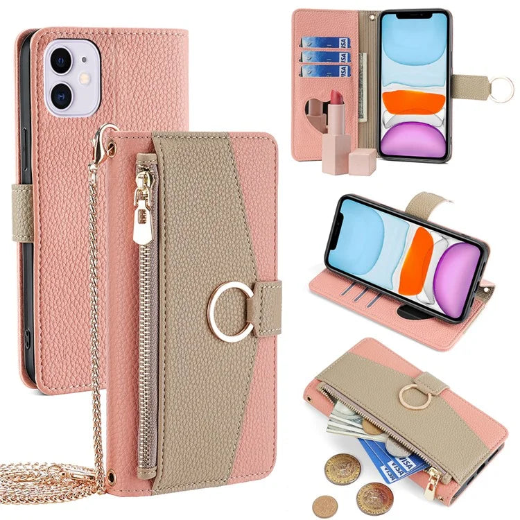 For iPhone 11 Wallet Case PU Leather Phone Cover Card Bag Stand with Shoulder Strap