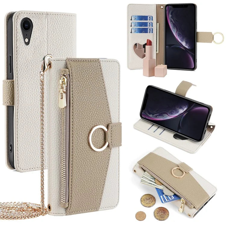 For iPhone XR Case PU Leather Phone Cover Wallet Makeup Mirror with Shoulder Strap