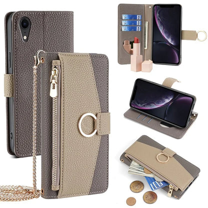 For iPhone XR Case PU Leather Phone Cover Wallet Makeup Mirror with Shoulder Strap