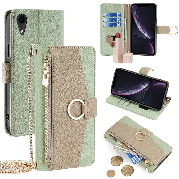 For iPhone XR Case PU Leather Phone Cover Wallet Makeup Mirror with Shoulder Strap