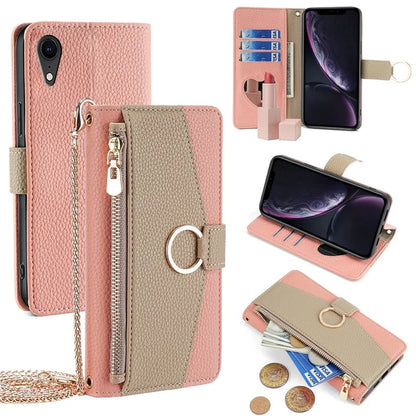 For iPhone XR Case PU Leather Phone Cover Wallet Makeup Mirror with Shoulder Strap