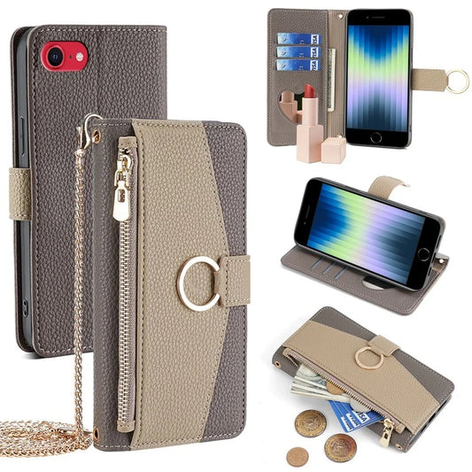 For iPhone 7  /  8  /  SE (2022)  /  SE (2020) Case PU Leather Zipper Wallet Phone Bag Cover Stand