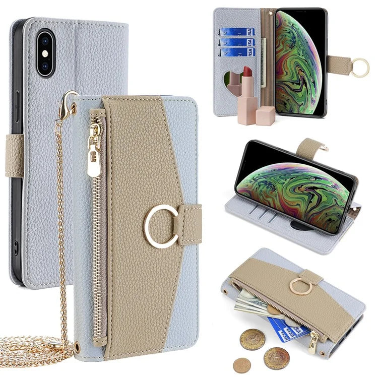 For iPhone XS Max Leather Case Wallet Phone Bag Cover Stand with Chain Strap