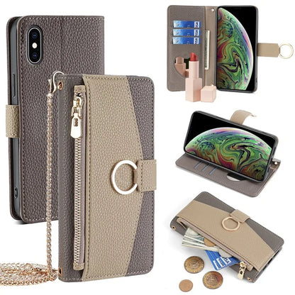For iPhone XS Max Leather Case Wallet Phone Bag Cover Stand with Chain Strap