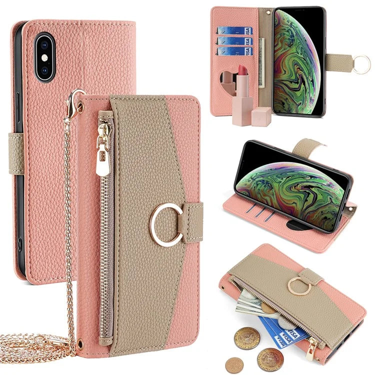 For iPhone XS Max Leather Case Wallet Phone Bag Cover Stand with Chain Strap