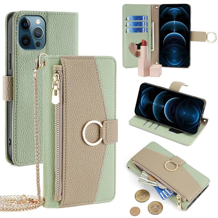 For iPhone 12 Pro Max Case Multi-functional PU Leather Wallet Phone Bag Cover with Chain Strap