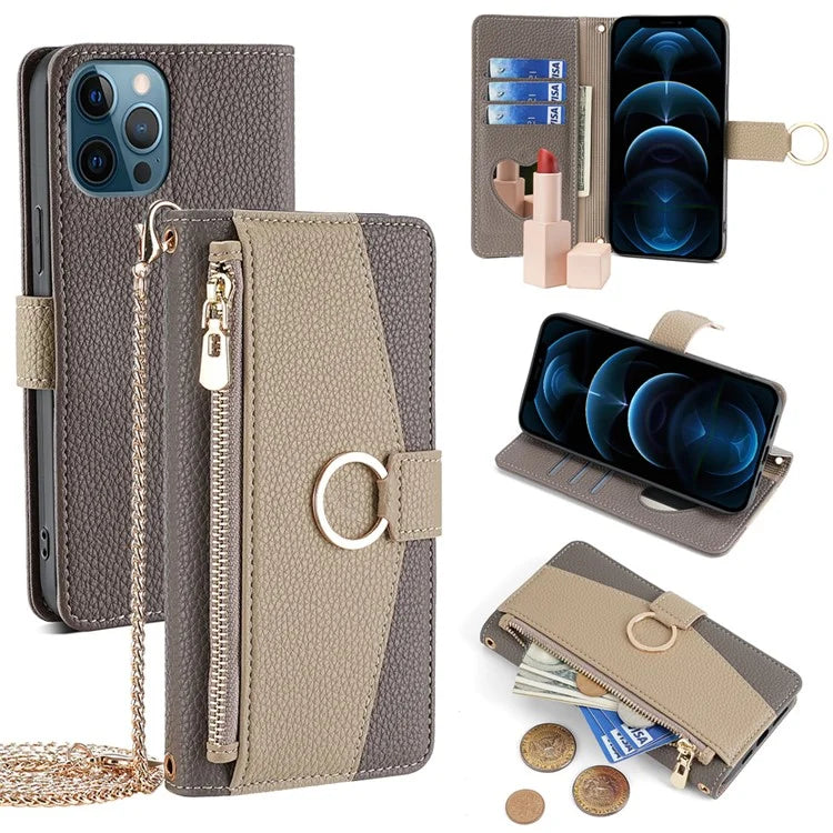 For iPhone 12 Pro Max Case Multi-functional PU Leather Wallet Phone Bag Cover with Chain Strap