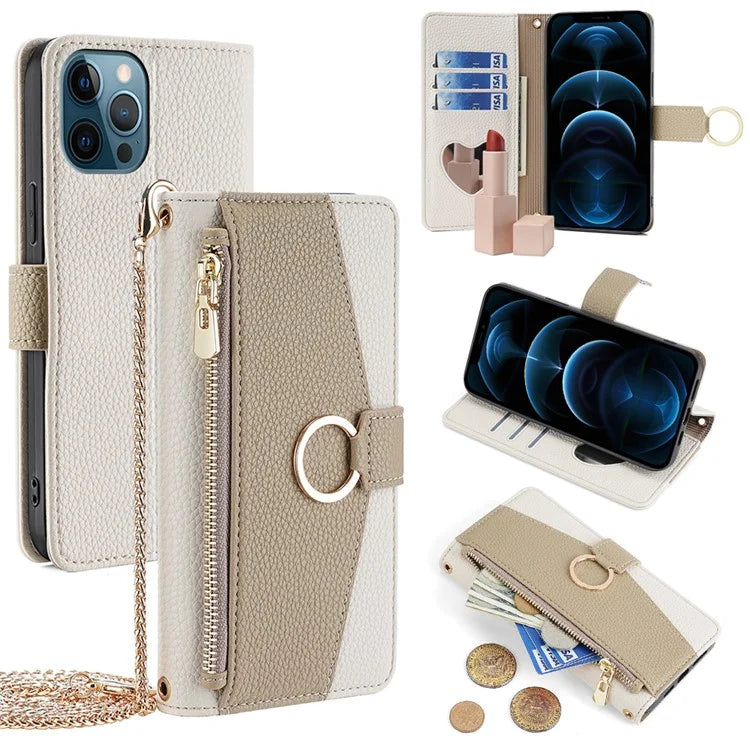 For iPhone 12 Pro Max Case Multi-functional PU Leather Wallet Phone Bag Cover with Chain Strap
