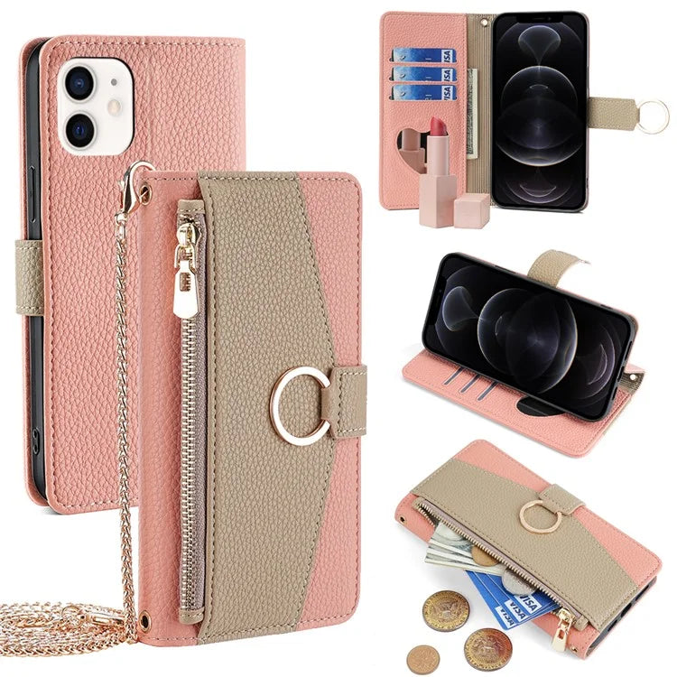 For iPhone 12  /  12 Pro Case Stand with Strap PU Leather Wallet Phone Cover Card Holder