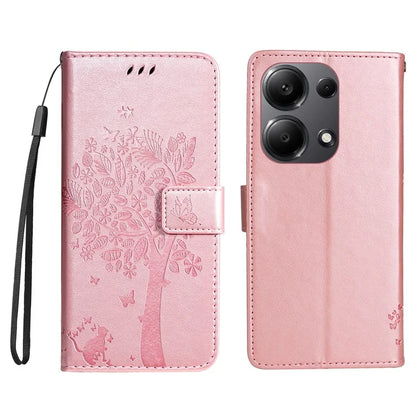 KT Imprinting Flower Series-3 For Xiaomi Redmi Note 13 Pro 4G / Poco M6 Pro 4G Case Cat Tree Pattern Wallet Cover Gold