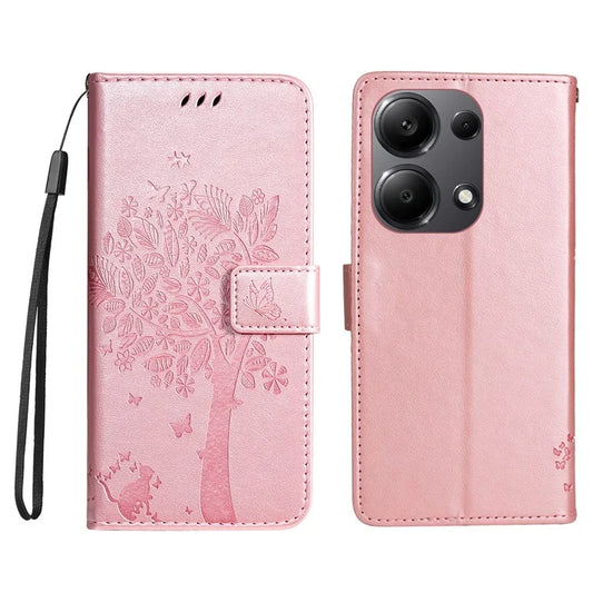 KT Imprinting Flower Series-3 For Xiaomi Redmi Note 13 Pro 4G / Poco M6 Pro 4G Case Cat Tree Pattern Wallet Cover Gold