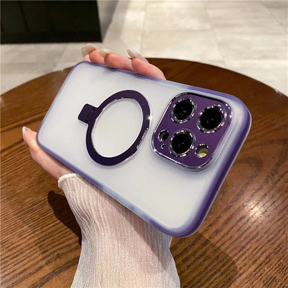 For iPhone 15 Pro Case Kickstand Protective Magnetic Phone Cover with Lens Protector