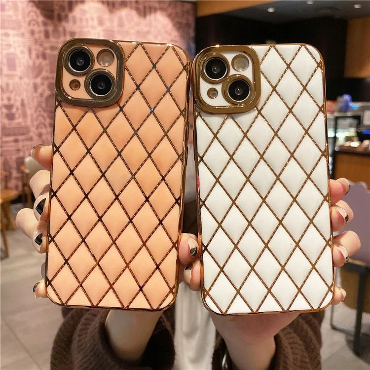 For iPhone 15 Case Rhombus Pattern 6D Electroplated Protective Back Shell