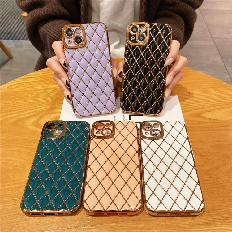 For iPhone 15 Case Rhombus Pattern 6D Electroplated Protective Back Shell