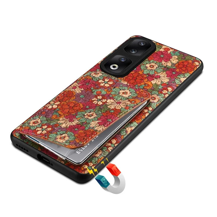 For Honor 90 Pro Kickstand Cover Flower Pattern Card Holder Protective Phone Case