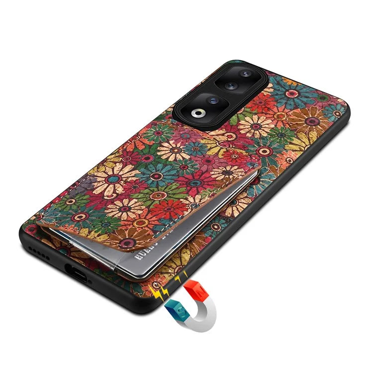 For Honor 90 Pro Kickstand Cover Flower Pattern Card Holder Protective Phone Case
