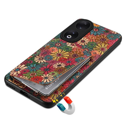 For Honor 90 Flower Pattern Leather Case Card Holder Kickstand Shockproof Cover