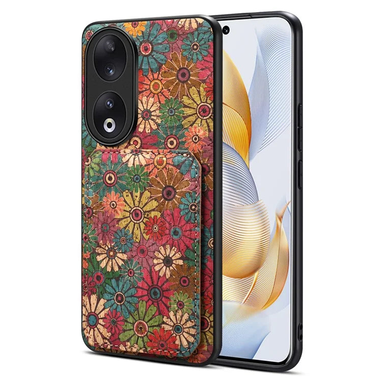 For Honor 90 Flower Pattern Leather Case Card Holder Kickstand Shockproof Cover