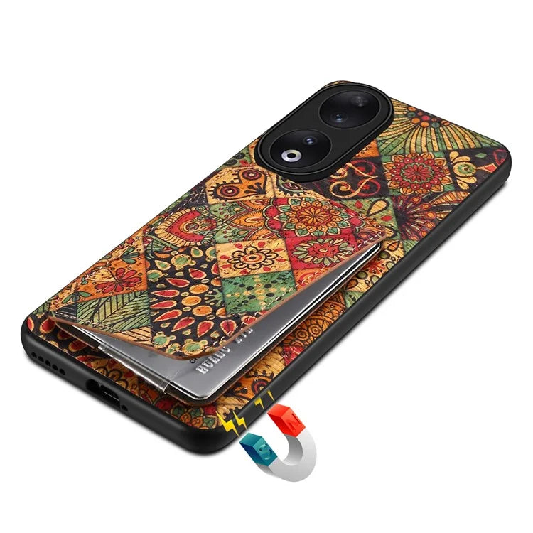 For Honor 90 Flower Pattern Leather Case Card Holder Kickstand Shockproof Cover