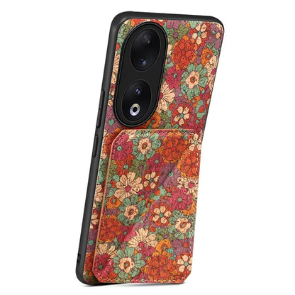 For Honor 90 Flower Pattern Leather Case Card Holder Kickstand Shockproof Cover