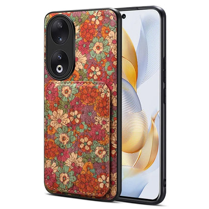 For Honor 90 Flower Pattern Leather Case Card Holder Kickstand Shockproof Cover