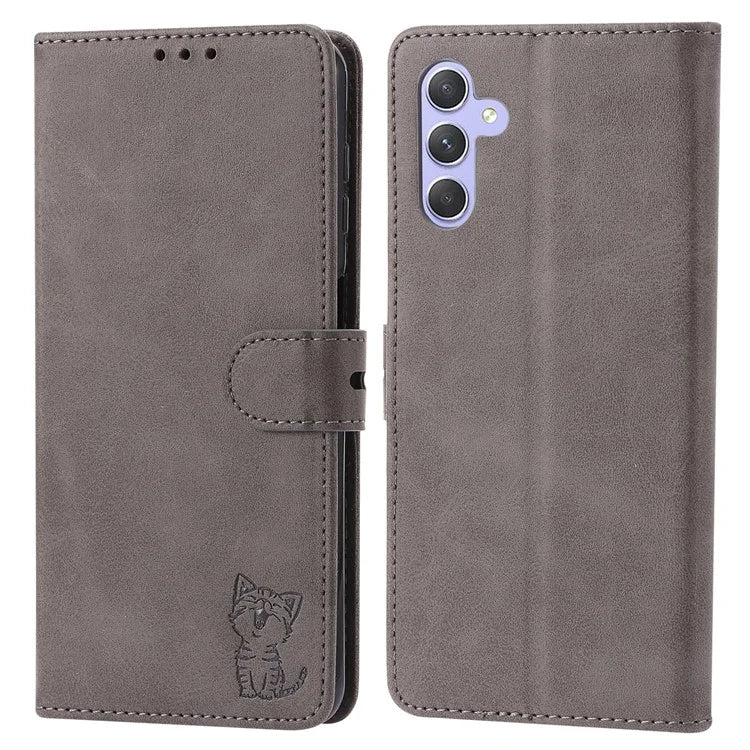 For Samsung Galaxy S24+ Leather Case Happy Cat Pattern Imprinted Phone Protector