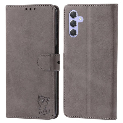 For Samsung Galaxy S24+ Leather Case Happy Cat Pattern Imprinted Phone Protector