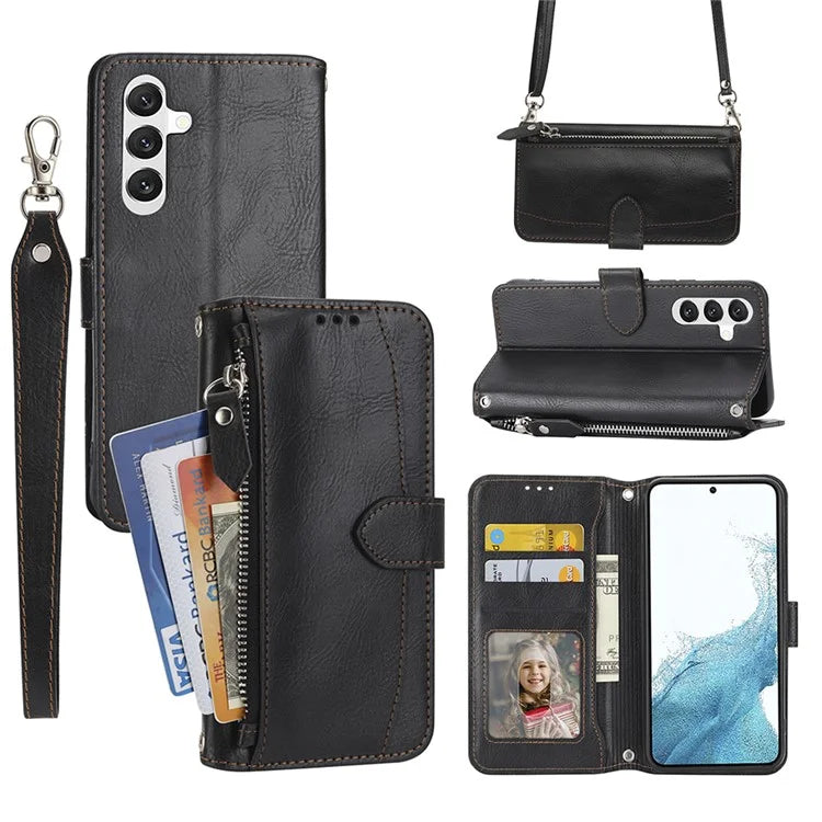 For Samsung Galaxy A15 4G / A15 5G Case Zipper Pocket Phone Protector with Crossbody Shoulder Strap