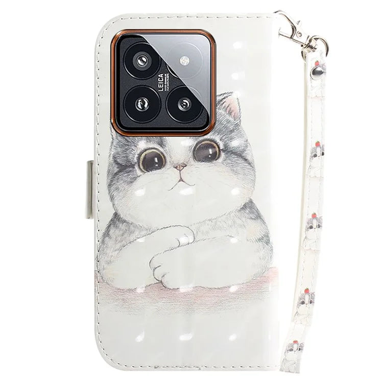 For Xiaomi 14 Pro Phone Case with Strap 3D Pattern Leather Cover
