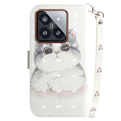For Xiaomi 14 Pro Phone Case with Strap 3D Pattern Leather Cover