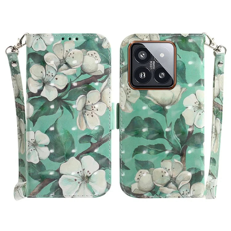 For Xiaomi 14 Pro Phone Case with Strap 3D Pattern Leather Cover