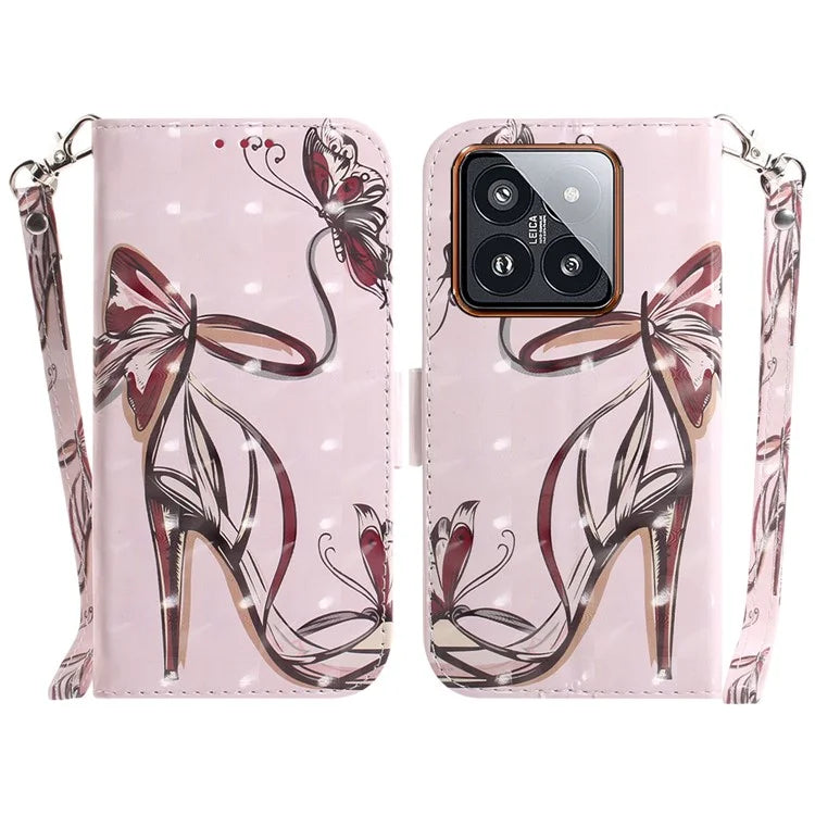 For Xiaomi 14 Pro Phone Case with Strap 3D Pattern Leather Cover