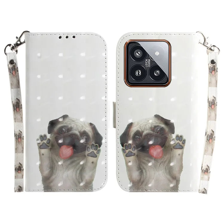 For Xiaomi 14 Pro Phone Case with Strap 3D Pattern Leather Cover