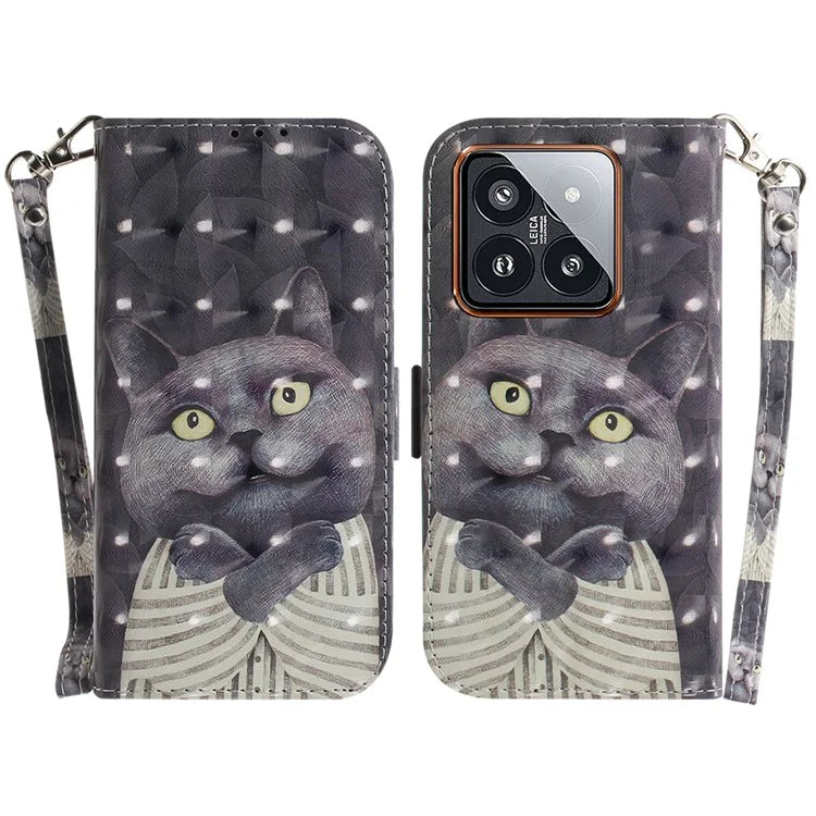 For Xiaomi 14 Pro Phone Case with Strap 3D Pattern Leather Cover